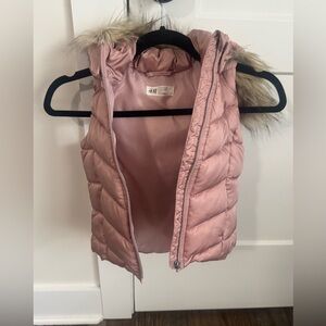 H&M Girls Light Pink Quilted Puffer Vest with Faux Fur Trimmed Hood